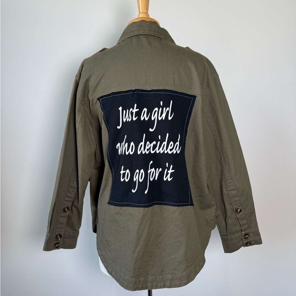 Olive Button Down Shirt with Inspirational Back Print